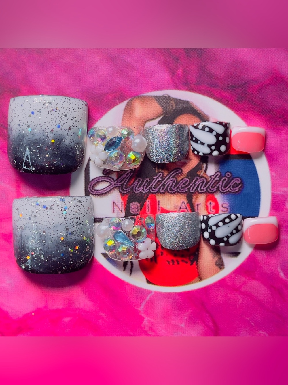 Glam Ombre & Crystal Press-On Toenails — Pink, Black, Silver